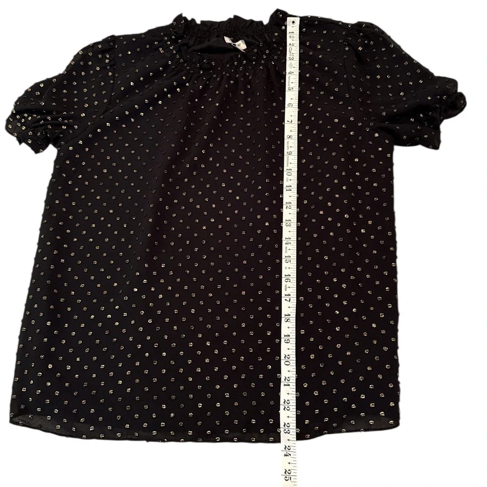 J.Crew‎ Black Gold Metallic Polka Dot Ruffle Neck Puff Sleeve Blouse Sz S